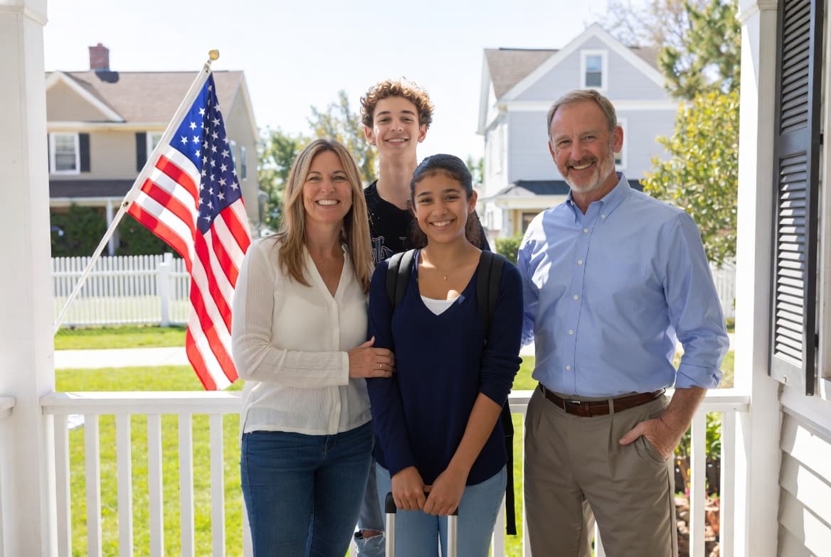 International high school students experiencing American campus life
